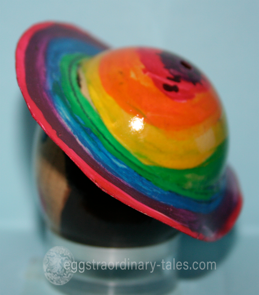 The side view of Annette's beautiful rainbow hat egg