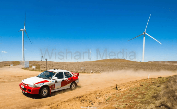 rally car with wind turbines